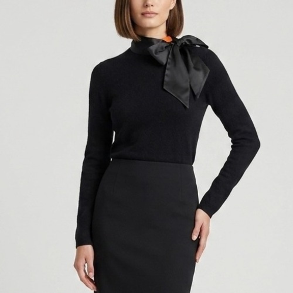 Tory Burch Black Cashmere Silk Bow Collar Sweater Mock Neck Long Sleeve Large